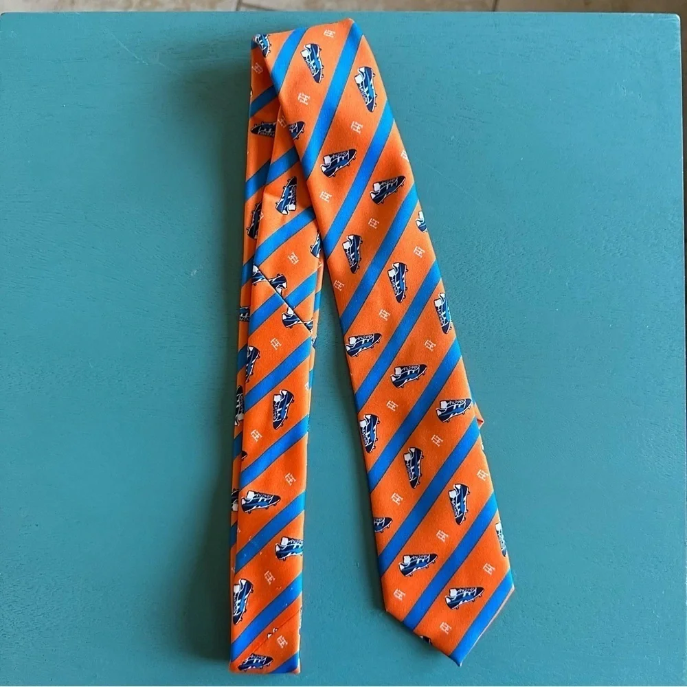 Tommy Hilfiger Tie Orange & Blue Stripes Necktie Cleats Print Sports Classic